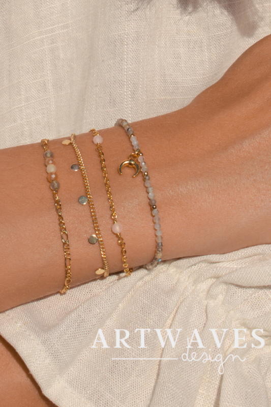 vergoldetes Rosenquarz boho Armband • Artemis • minimalistisches Gliederarmband mit Edelsteinperlen