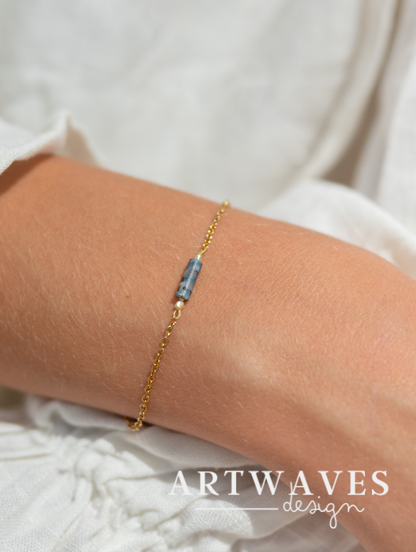 minimalistisches vergoldetes Labradorit Armband • Eva • 18 Karat Armkette mit Edelsteinperle