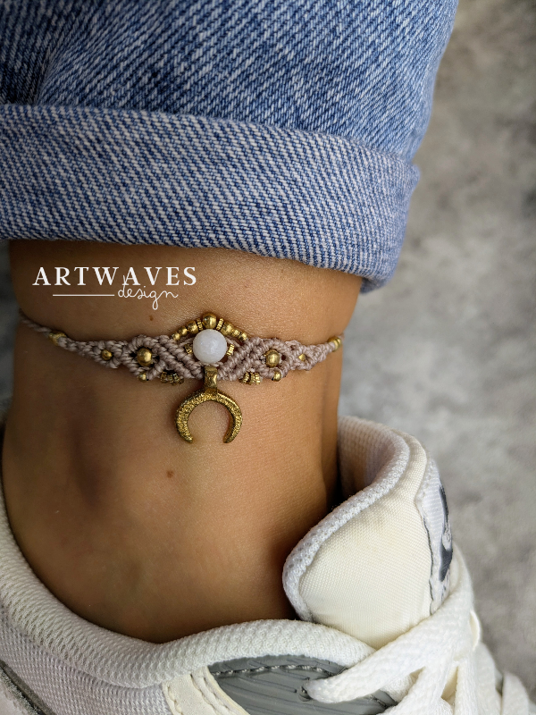 Makramee Hippie Fusskettchen personalisiert • Star • Gypsy Festival boho Fussschmuck mit Mond Anhänger