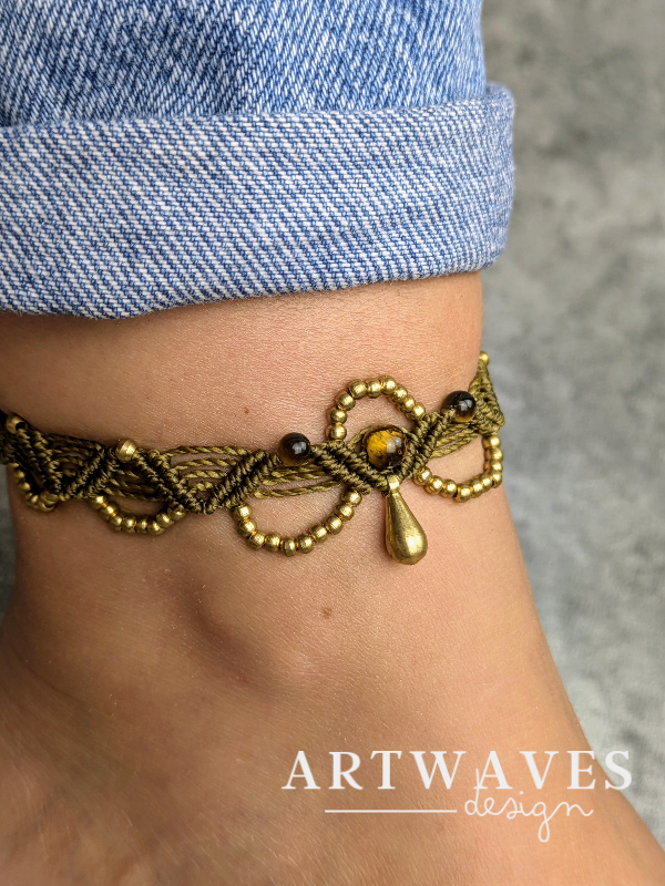 Makramee Hippie Fusskettchen personalisiert • Delhi • Gypsy Festival boho Fussschmuck mit Tropfen Anhänger