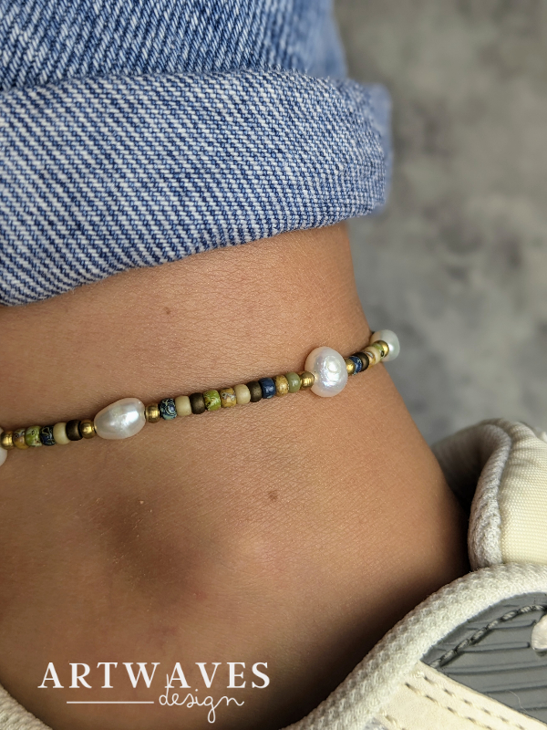 Minimalistisches Süßwasser Perlen boho Fusskettchen • Ozean • personalisierter Fussschmuck mit Perlen