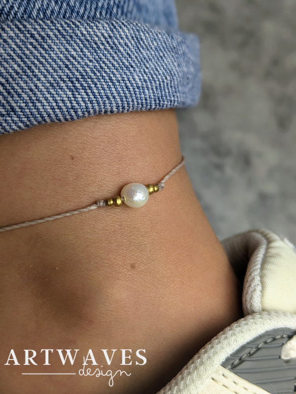 minimalistisches boho Fusskettchen mit Süßwasser Perle • Aqua • personalisiert verstellbar Fusschmuck