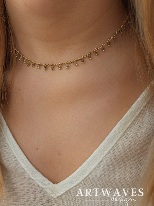 minimalistische boho Edelstein Halskette für Damen • Feronia • Kette mit kleinen facettierten Edelsteinperlen