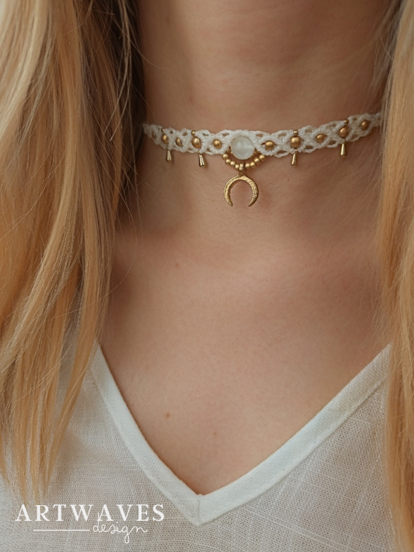 Makramee Choker personalisiert mit Mondstein Halskette mit Anhänger • Moonlight • im Boho style