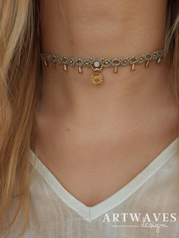 Makramee boho Choker minimalistisch personalisiert mit Anhänger • Miracle • Kette mit Edelstein im gypsy style