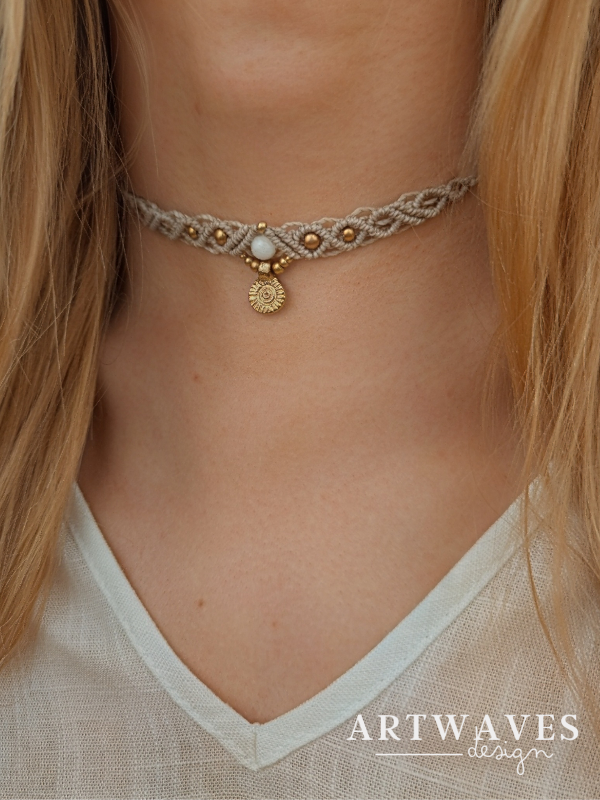 Halskette mit Anhänger boho Makramee Choker • Goa • personalisierte kette mit Edelstein
