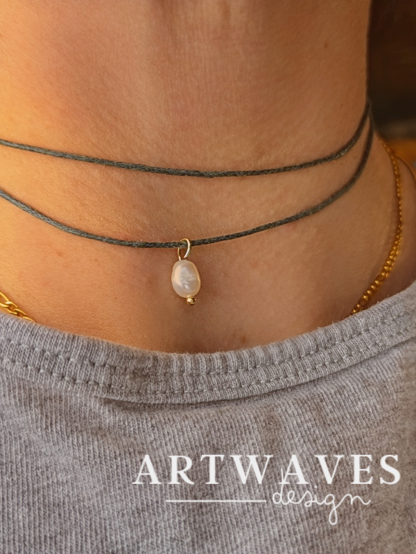 Süßwasserperlen Baumwoll Choker Kette für Damen und Herren • Sweetwater • vegane Halskette Halsband in verschiedenen Farben