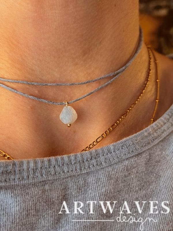 Minimalistische Baumwoll Choker Kette für Damen mit Mondstein • Moonstone• vegane Halskette Halsband in verschiedenen Farben