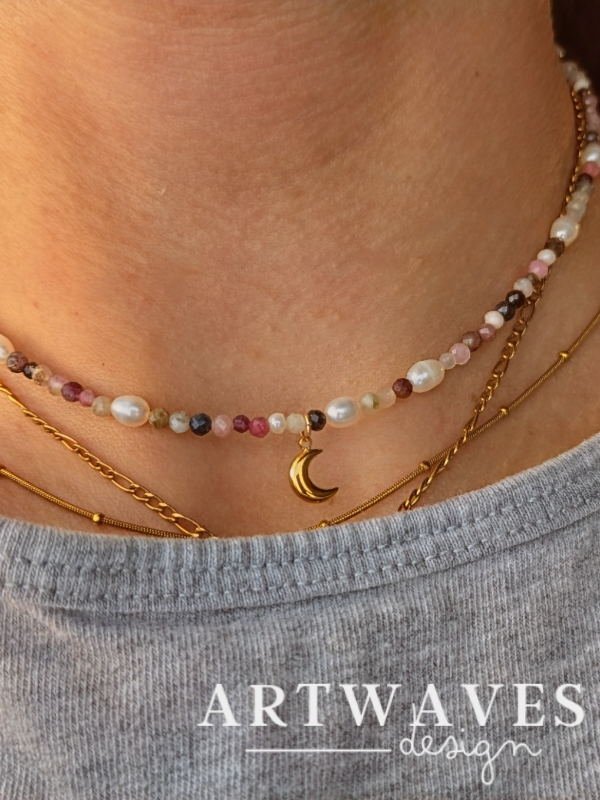 Boho Süßwasserperlen Klasse 5A Kette Edelstahl vergoldet • Maya • facetierte Edelsteine