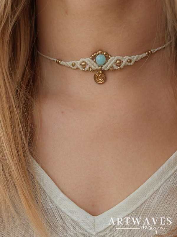 Personalisierter Makramee Choker Kette mit Anhänger • Star • minimalistische Halskette mit Edelsteinperle