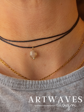 Minimalistische Baumwoll Choker Kette für Damen mit Mondstein • Moonstone• vegane Halskette Halsband in verschiedenen Farben